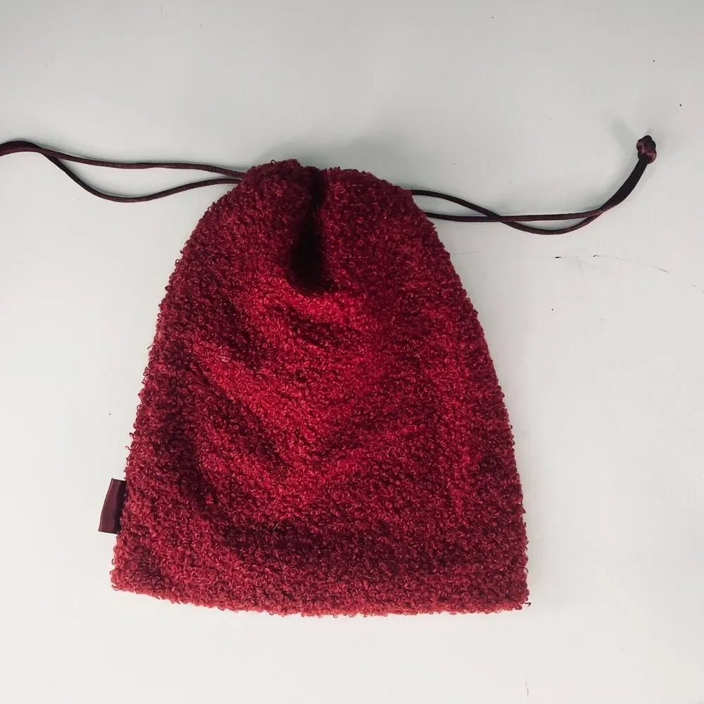 Ipsy Tie Sherpa Boucle Teddy MakeUp Toiletry Travel Drawstring Bag Burgundy New